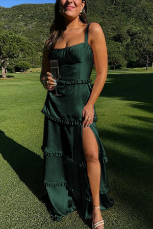 Raymond | A-Line Hot Pink Ruffles Slit Prom Dress with Lace-up Back