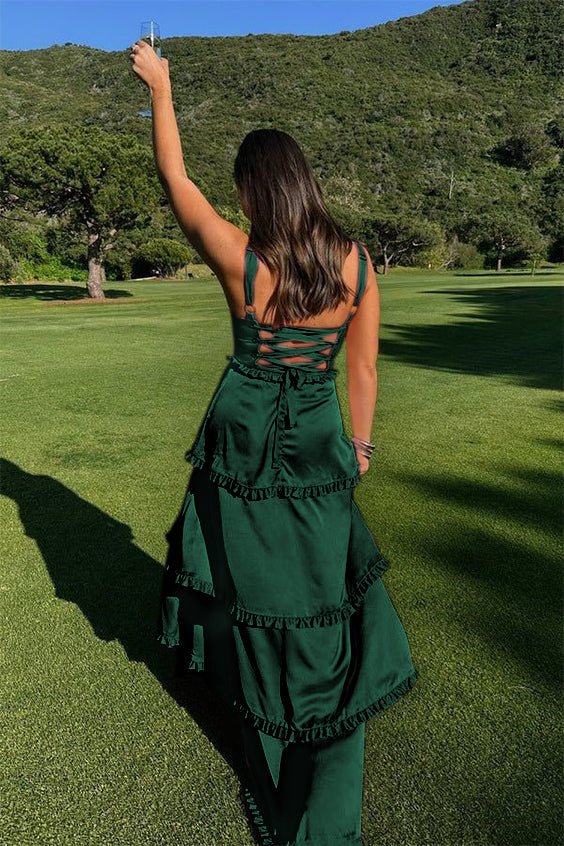 Raymond | A-Line Hot Pink Ruffles Slit Prom Dress with Lace-up Back