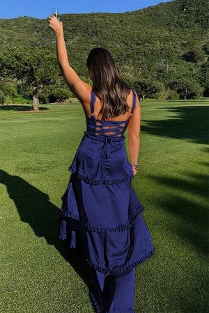 Raymond | A-Line Hot Pink Ruffles Slit Prom Dress with Lace-up Back