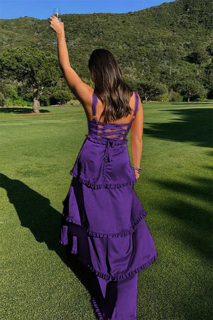 Raymond | A-Line Hot Pink Ruffles Slit Prom Dress with Lace-up Back