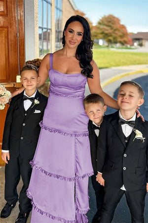 Raymond | A-Line Hot Pink Ruffles Slit Prom Dress with Lace-up Back