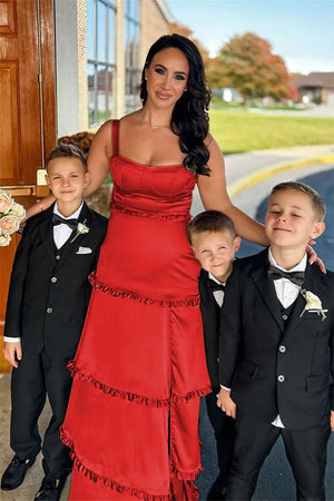 Raymond | A-Line Hot Pink Ruffles Slit Prom Dress with Lace-up Back