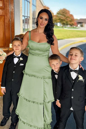 Raymond | A-Line Hot Pink Ruffles Slit Prom Dress with Lace-up Back