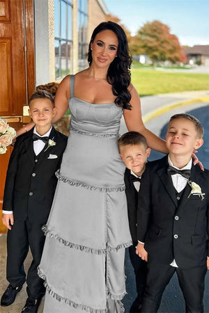 Raymond | A-Line Hot Pink Ruffles Slit Prom Dress with Lace-up Back