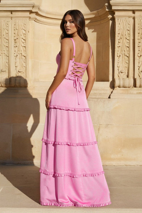A - Line Hot Pink Ruffles Slit Prom Dress with Lace - up Back - KissProm
