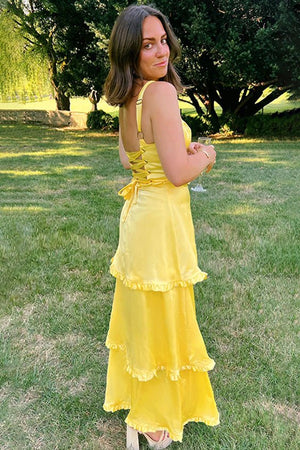 Raymond | A-Line Hot Pink Ruffles Slit Prom Dress with Lace-up Back