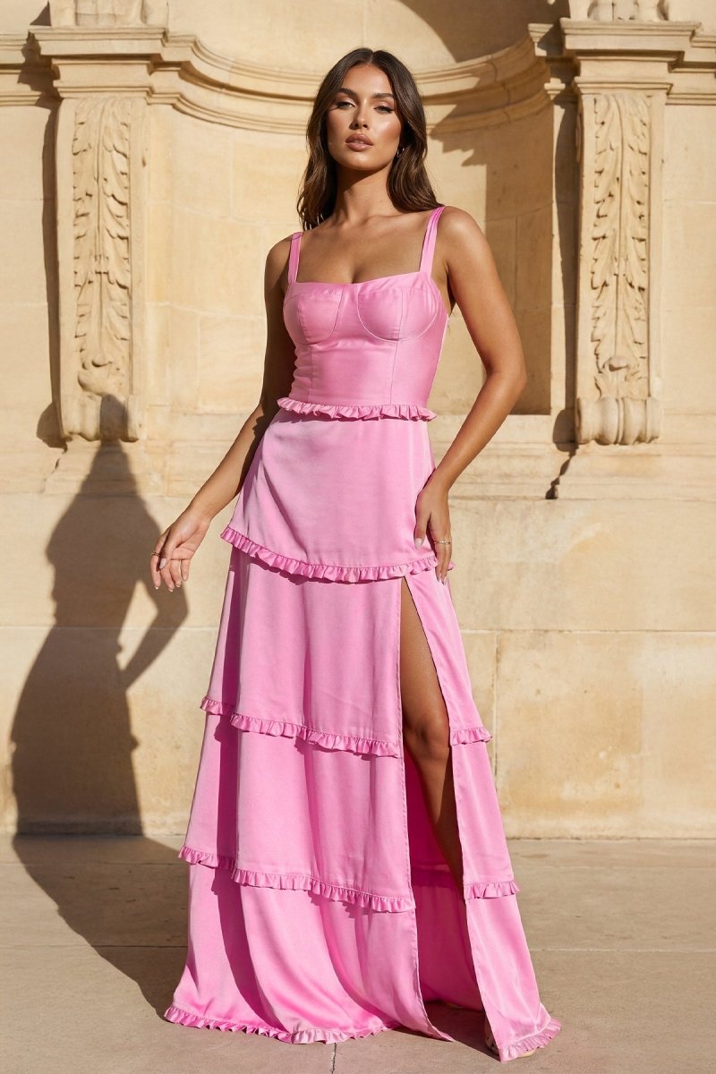 A - Line Hot Pink Ruffles Slit Prom Dress with Lace - up Back - KissProm
