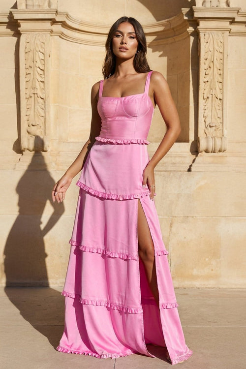 A - Line Hot Pink Ruffles Slit Prom Dress with Lace - up Back - KissProm