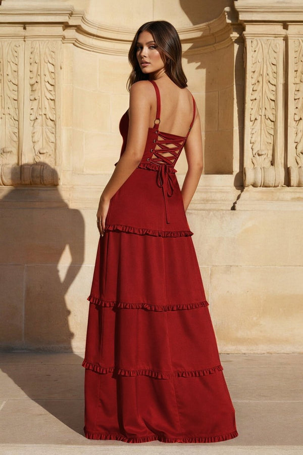 A - Line Hot Pink Ruffles Slit Prom Dress with Lace - up Back - KissProm