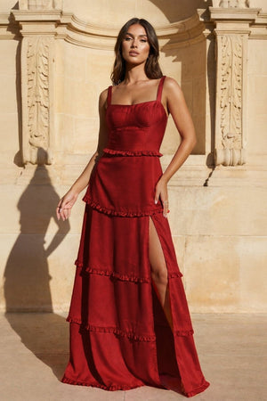 A - Line Hot Pink Ruffles Slit Prom Dress with Lace - up Back - KissProm