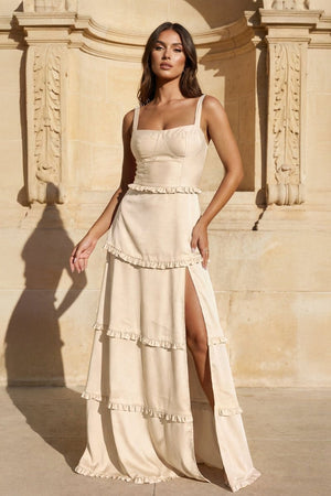 A - Line Hot Pink Ruffles Slit Prom Dress with Lace - up Back - KissProm