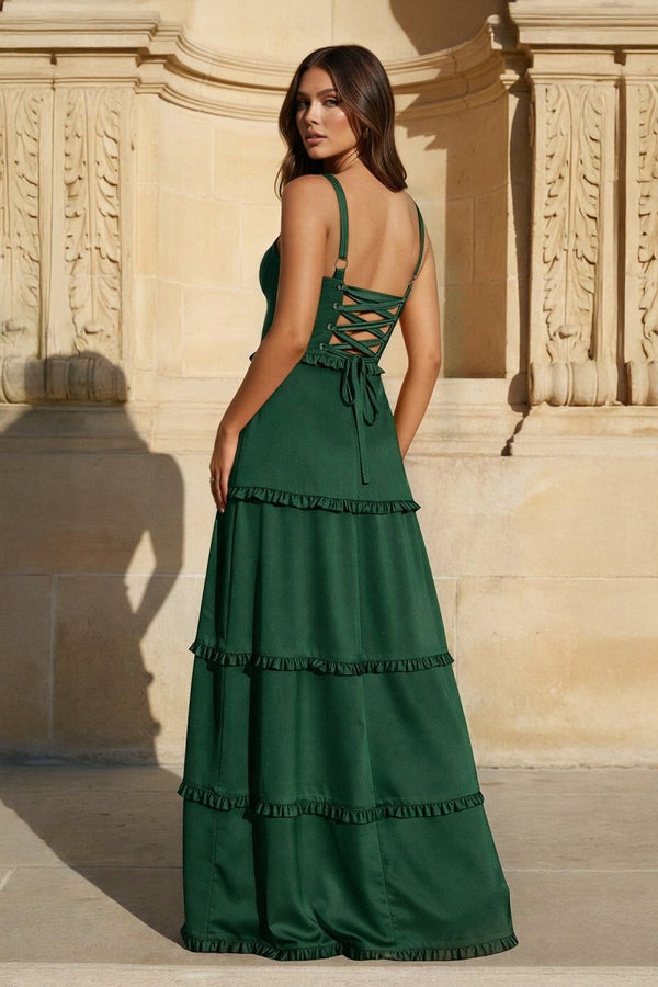 A - Line Hot Pink Ruffles Slit Prom Dress with Lace - up Back - KissProm