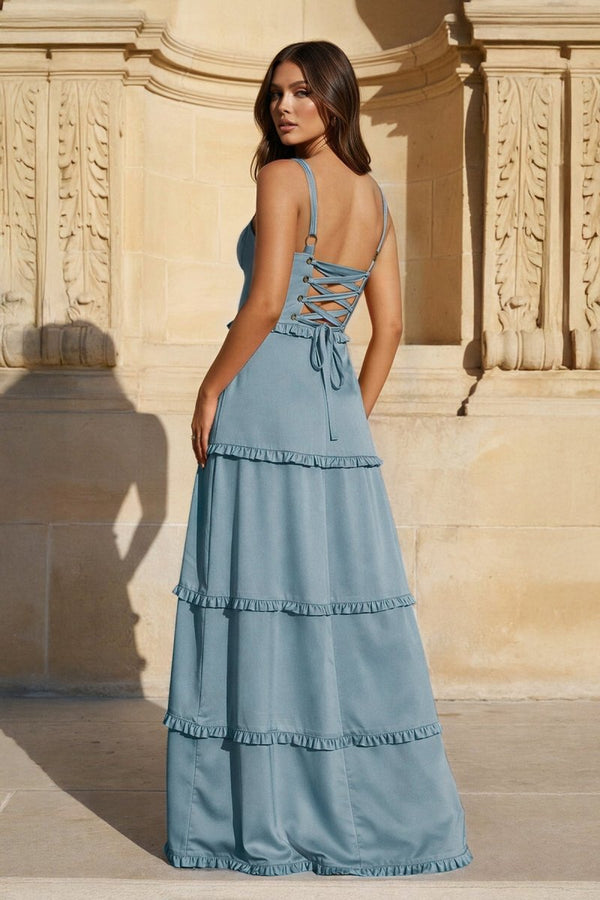 A - Line Hot Pink Ruffles Slit Prom Dress with Lace - up Back - KissProm