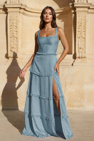 A - Line Hot Pink Ruffles Slit Prom Dress with Lace - up Back - KissProm