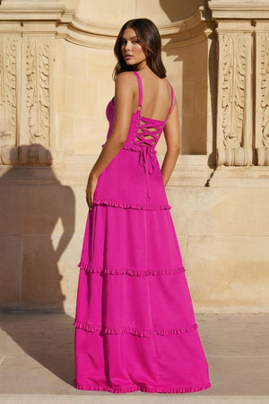 A - Line Hot Pink Ruffles Slit Prom Dress with Lace - up Back - KissProm