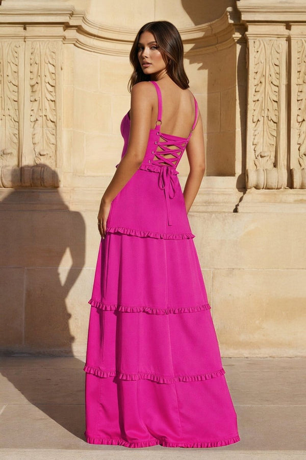 A - Line Hot Pink Ruffles Slit Prom Dress with Lace - up Back - KissProm