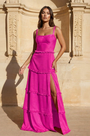 A - Line Hot Pink Ruffles Slit Prom Dress with Lace - up Back - KissProm