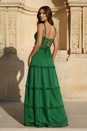 A - Line Hot Pink Ruffles Slit Prom Dress with Lace - up Back - KissProm