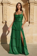 A - Line Hot Pink Ruffles Slit Prom Dress with Lace - up Back - KissProm