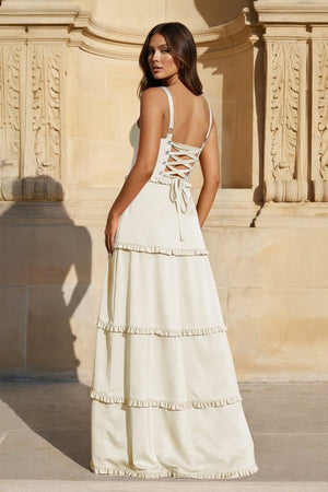 A - Line Hot Pink Ruffles Slit Prom Dress with Lace - up Back - KissProm