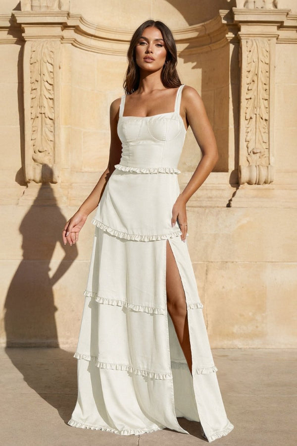 A - Line Hot Pink Ruffles Slit Prom Dress with Lace - up Back - KissProm