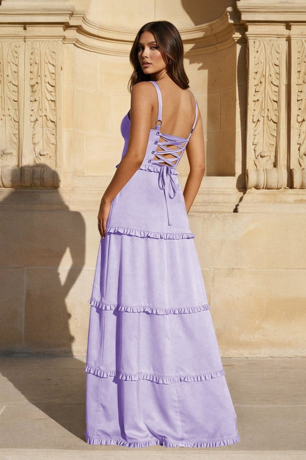 A - Line Hot Pink Ruffles Slit Prom Dress with Lace - up Back - KissProm