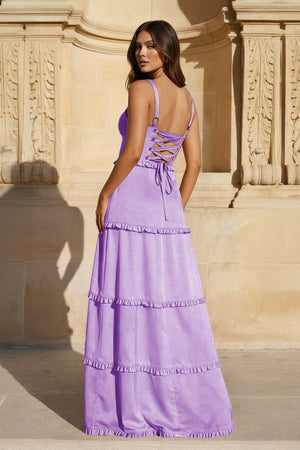 A - Line Hot Pink Ruffles Slit Prom Dress with Lace - up Back - KissProm