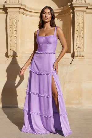 A - Line Hot Pink Ruffles Slit Prom Dress with Lace - up Back - KissProm