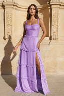 A - Line Hot Pink Ruffles Slit Prom Dress with Lace - up Back - KissProm