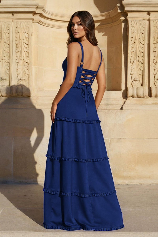 A - Line Hot Pink Ruffles Slit Prom Dress with Lace - up Back - KissProm