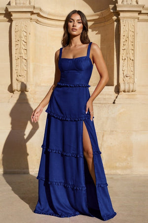 A - Line Hot Pink Ruffles Slit Prom Dress with Lace - up Back - KissProm