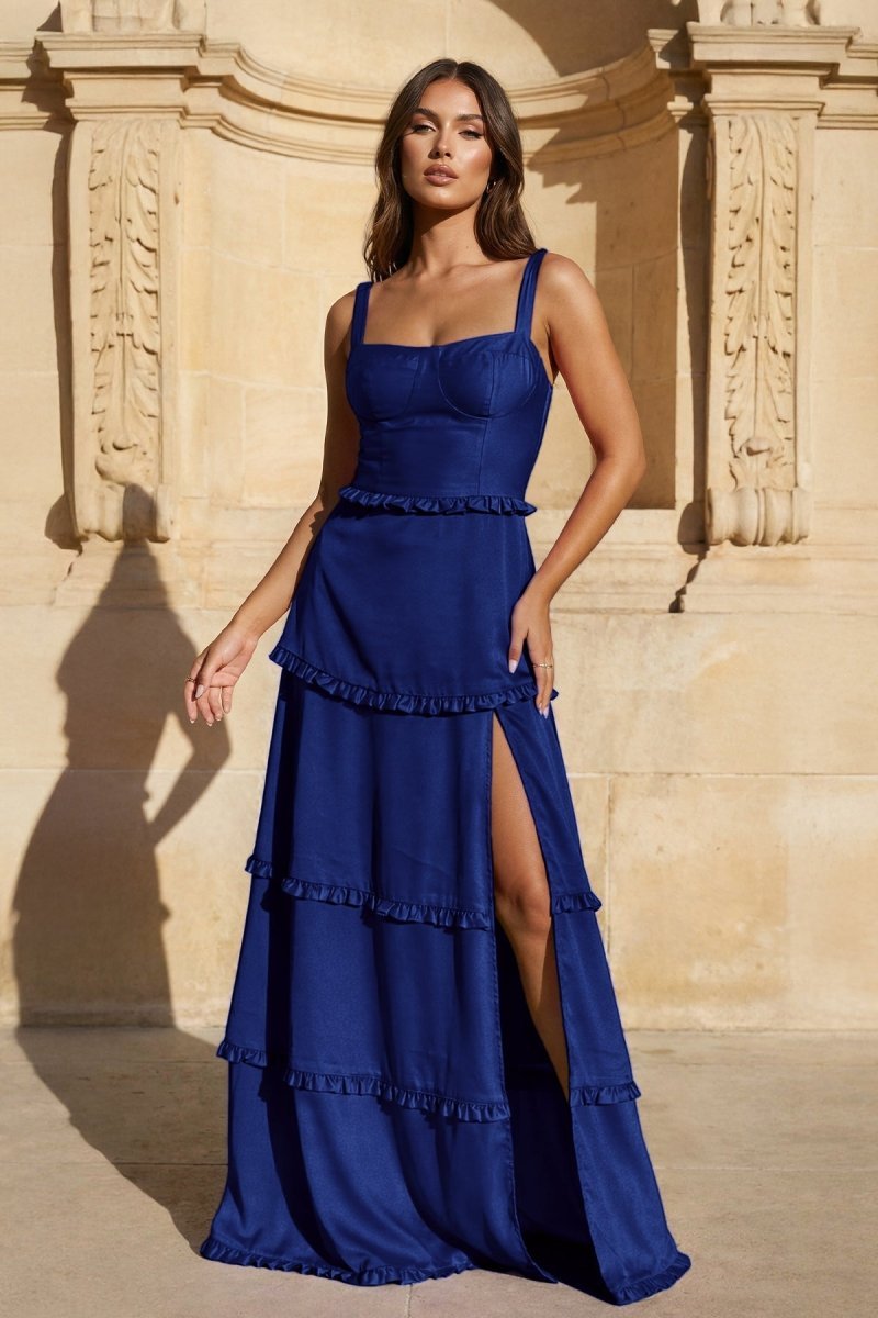 A - Line Navy Blue Ruffles Slit Prom Dress with Lace - up Back - KissProm