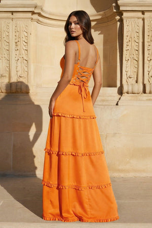 A - Line Hot Pink Ruffles Slit Prom Dress with Lace - up Back - KissProm