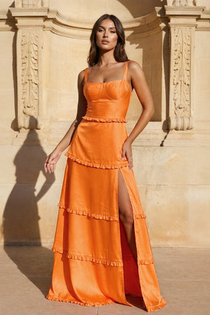 A - Line Hot Pink Ruffles Slit Prom Dress with Lace - up Back - KissProm