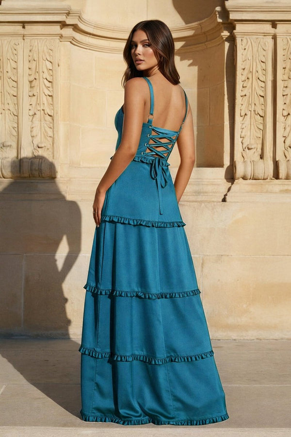 A - Line Hot Pink Ruffles Slit Prom Dress with Lace - up Back - KissProm