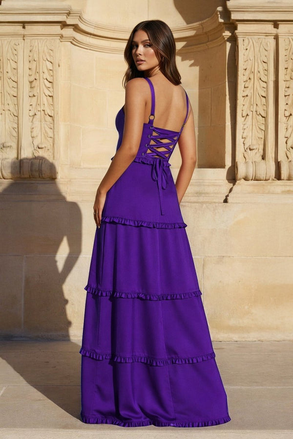 A - Line Hot Pink Ruffles Slit Prom Dress with Lace - up Back - KissProm