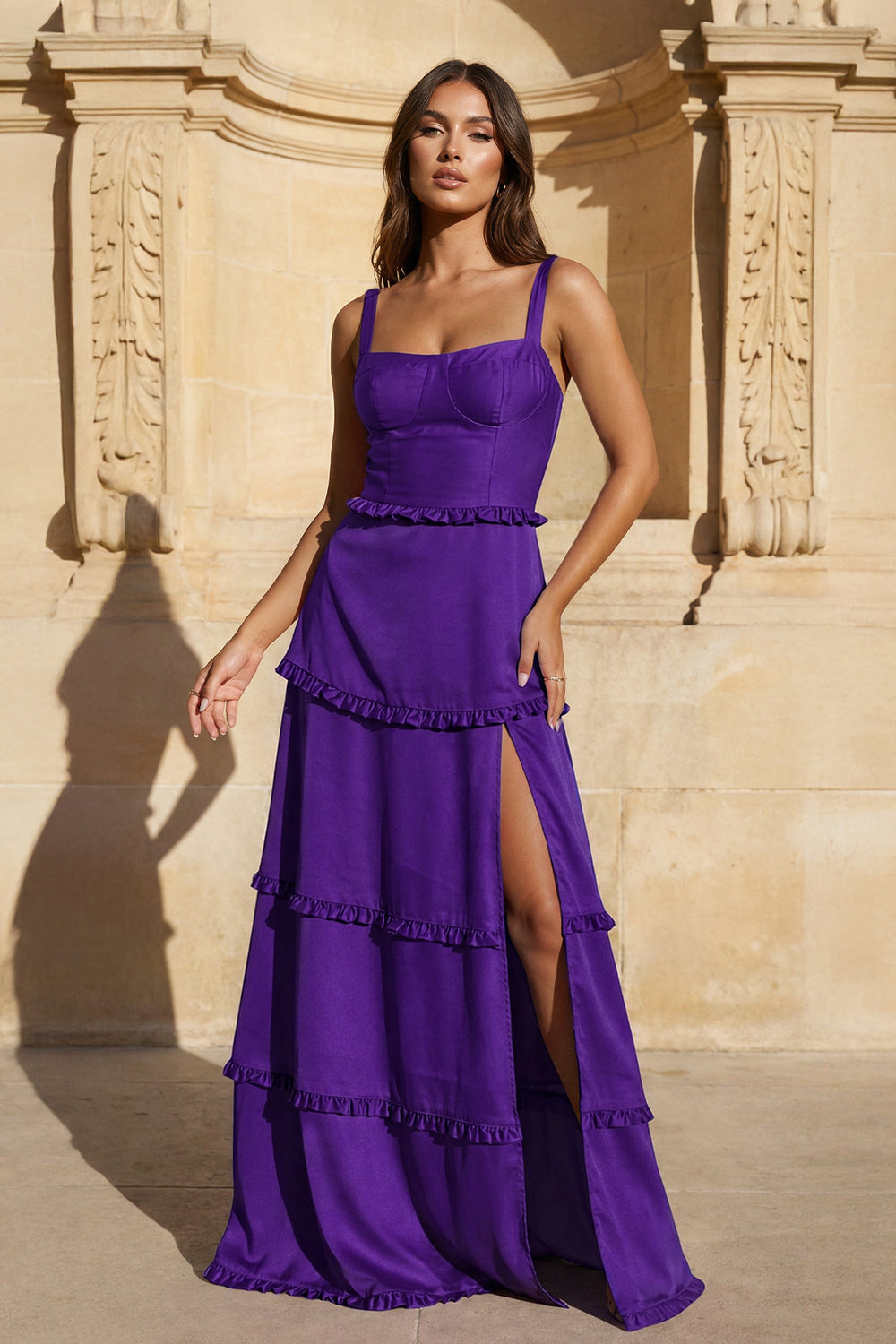 A-Line Hot Pink Ruffles Slit Prom Dress with Lace-up Back - KISSPRPM PROM DRESSES