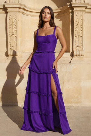 A - Line Hot Pink Ruffles Slit Prom Dress with Lace - up Back - KissProm