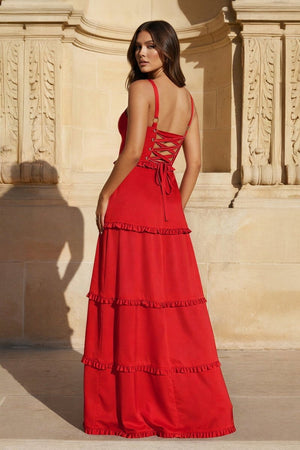 A - Line Hot Pink Ruffles Slit Prom Dress with Lace - up Back - KissProm