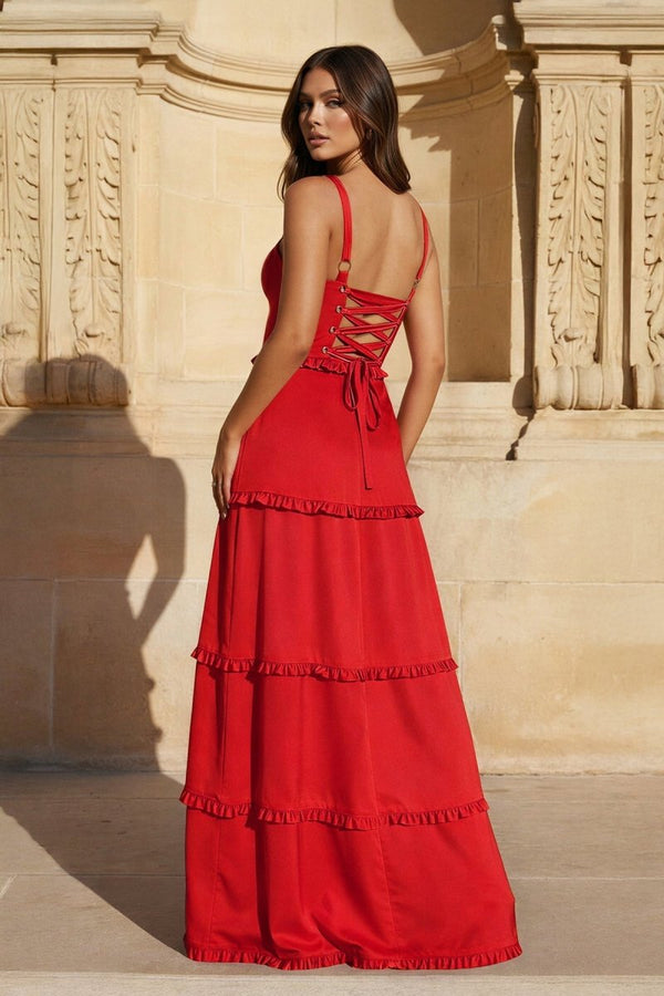 A - Line Hot Pink Ruffles Slit Prom Dress with Lace - up Back - KissProm