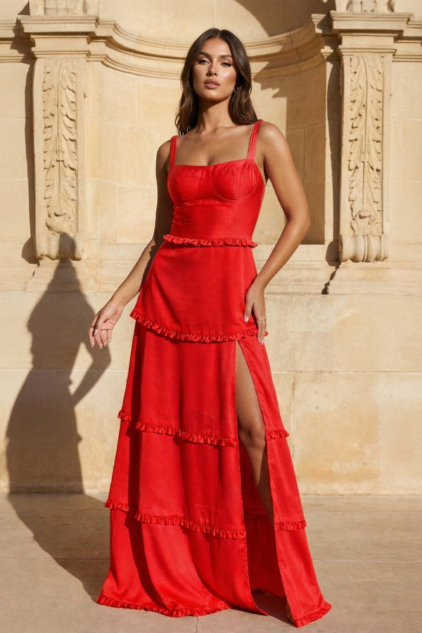 A - Line Hot Pink Ruffles Slit Prom Dress with Lace - up Back - KissProm