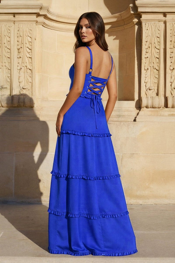 A - Line Hot Pink Ruffles Slit Prom Dress with Lace - up Back - KissProm