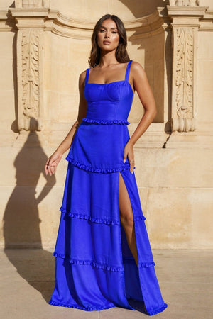 A - Line Hot Pink Ruffles Slit Prom Dress with Lace - up Back - KissProm