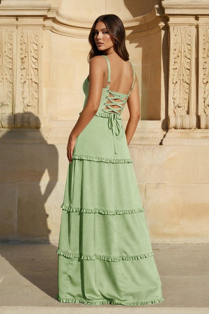 A - Line Hot Pink Ruffles Slit Prom Dress with Lace - up Back - KissProm