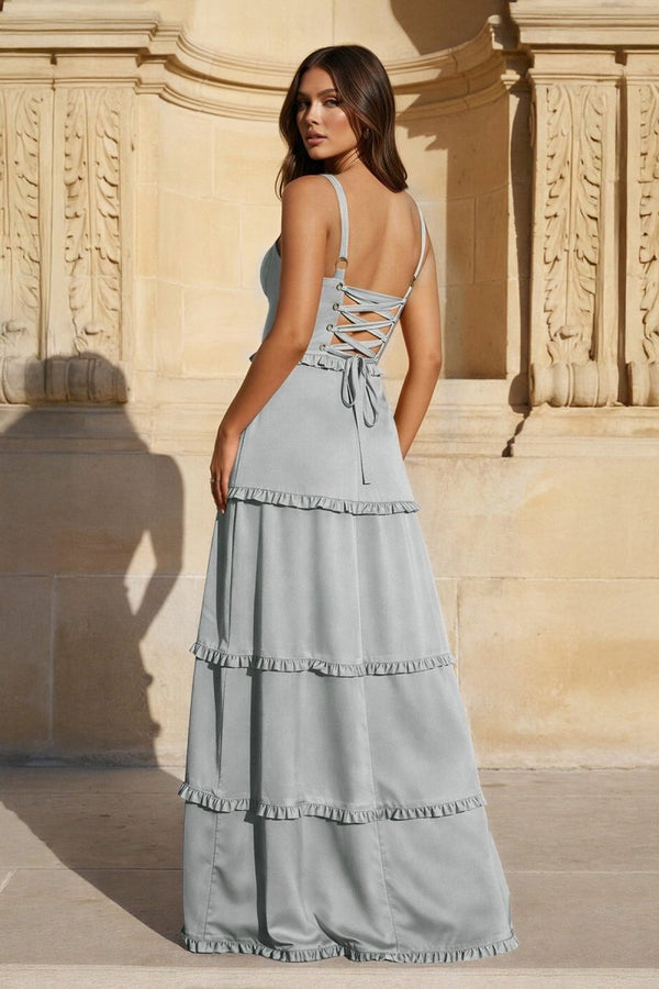 A - Line Hot Pink Ruffles Slit Prom Dress with Lace - up Back - KissProm