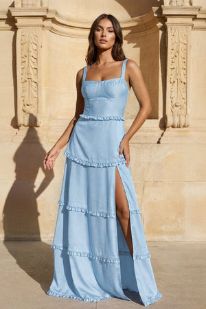 A - Line Hot Pink Ruffles Slit Prom Dress with Lace - up Back - KissProm