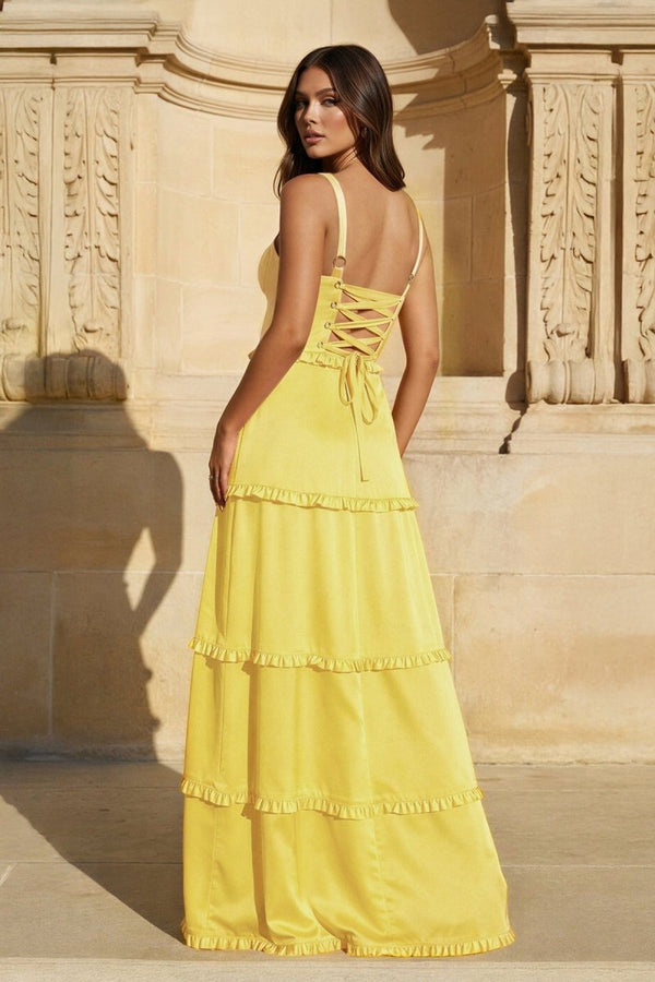 A-Line Hot Pink Ruffles Slit Prom Dress with Lace-up Back