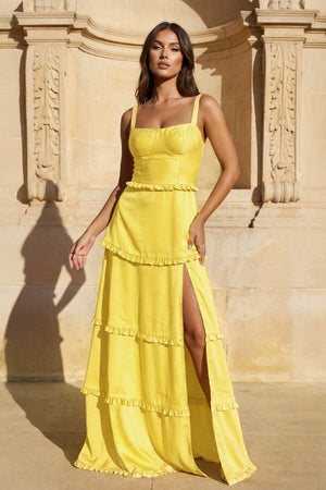 A - Line Hot Pink Ruffles Slit Prom Dress with Lace - up Back - KissProm