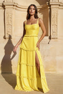 A - Line Hot Pink Ruffles Slit Prom Dress with Lace - up Back - KissProm