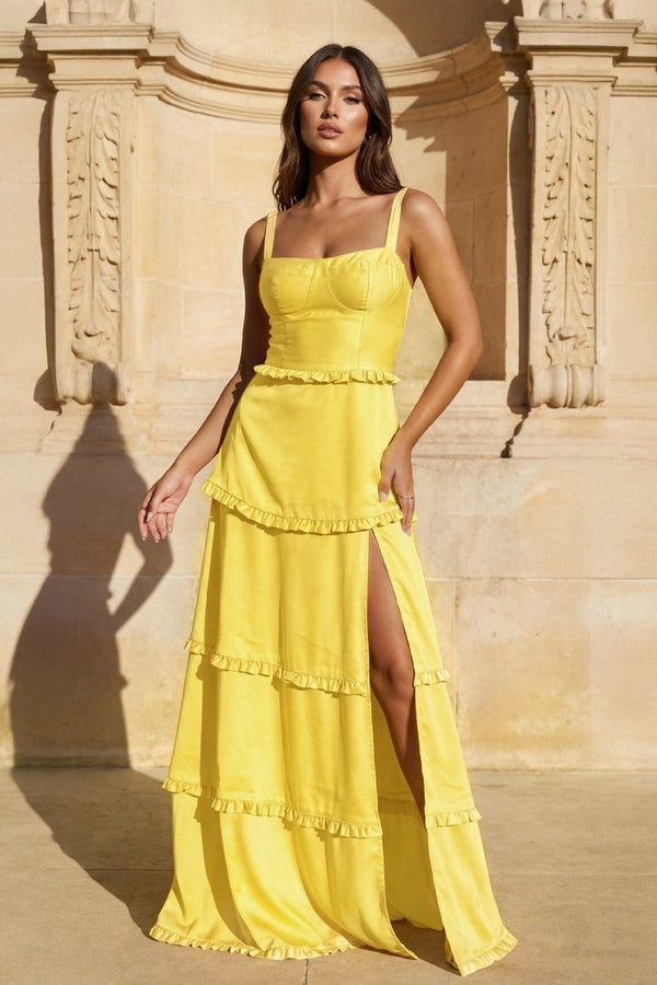 A-Line Hot Pink Ruffles Slit Prom Dress with Lace-up Back
